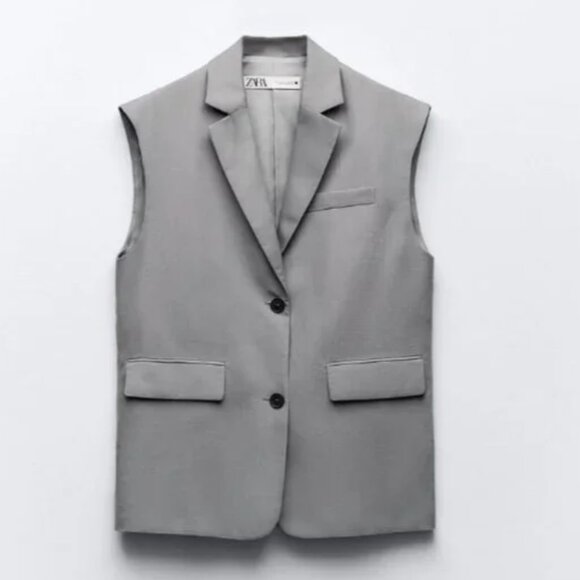 NWT ZARA 2 PIECES MATCH SET SUIT OVERSIZED LINEN BLEND VEST + FLARED PANTS GRAY - Picture 7 of 14